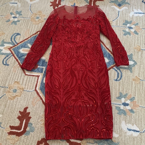 MARCHESA Notte Designer Velvet Sequin long sleeve dress red 6 8 sheer - Picture 9 of 11